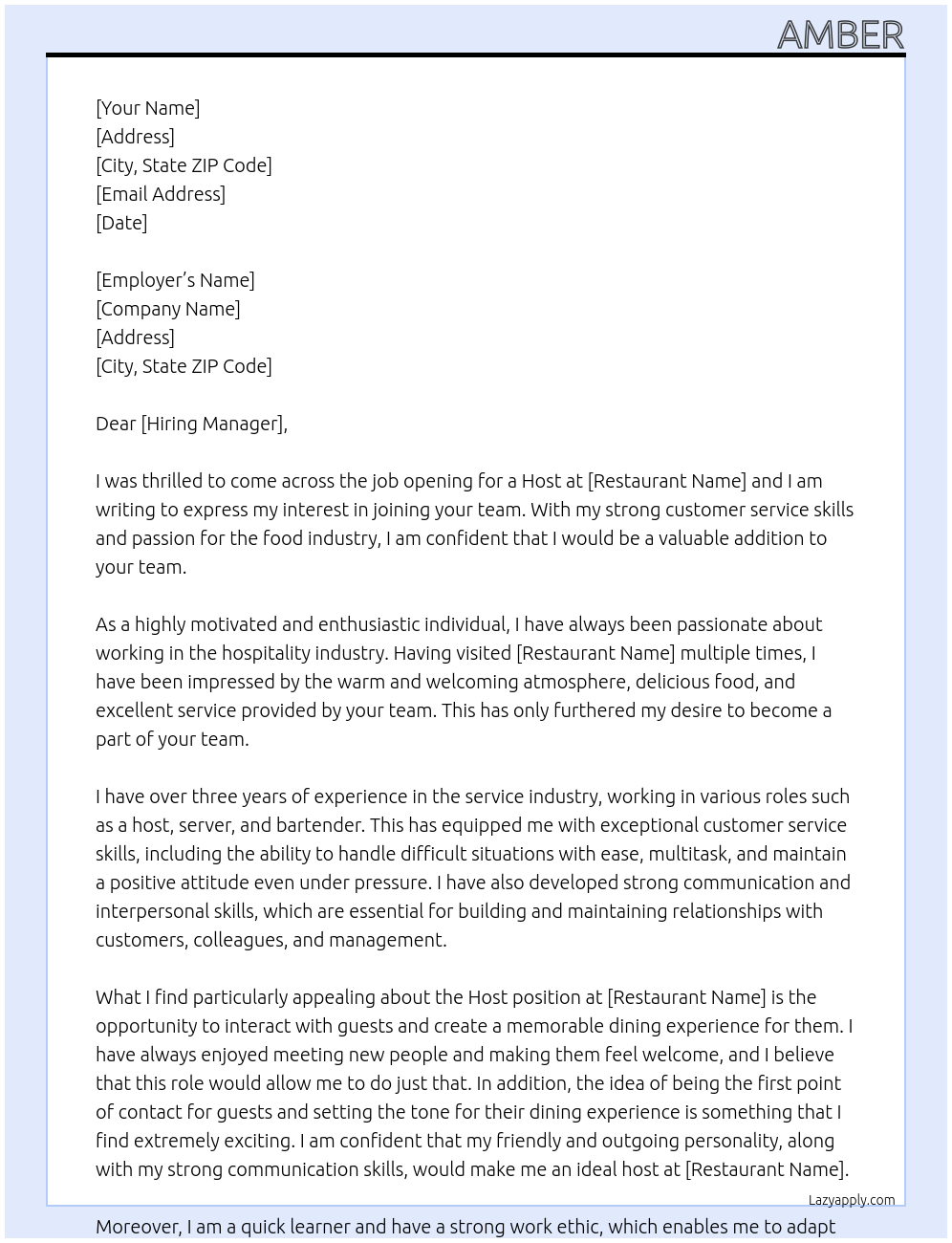 Host At resturaunt Cover Letter