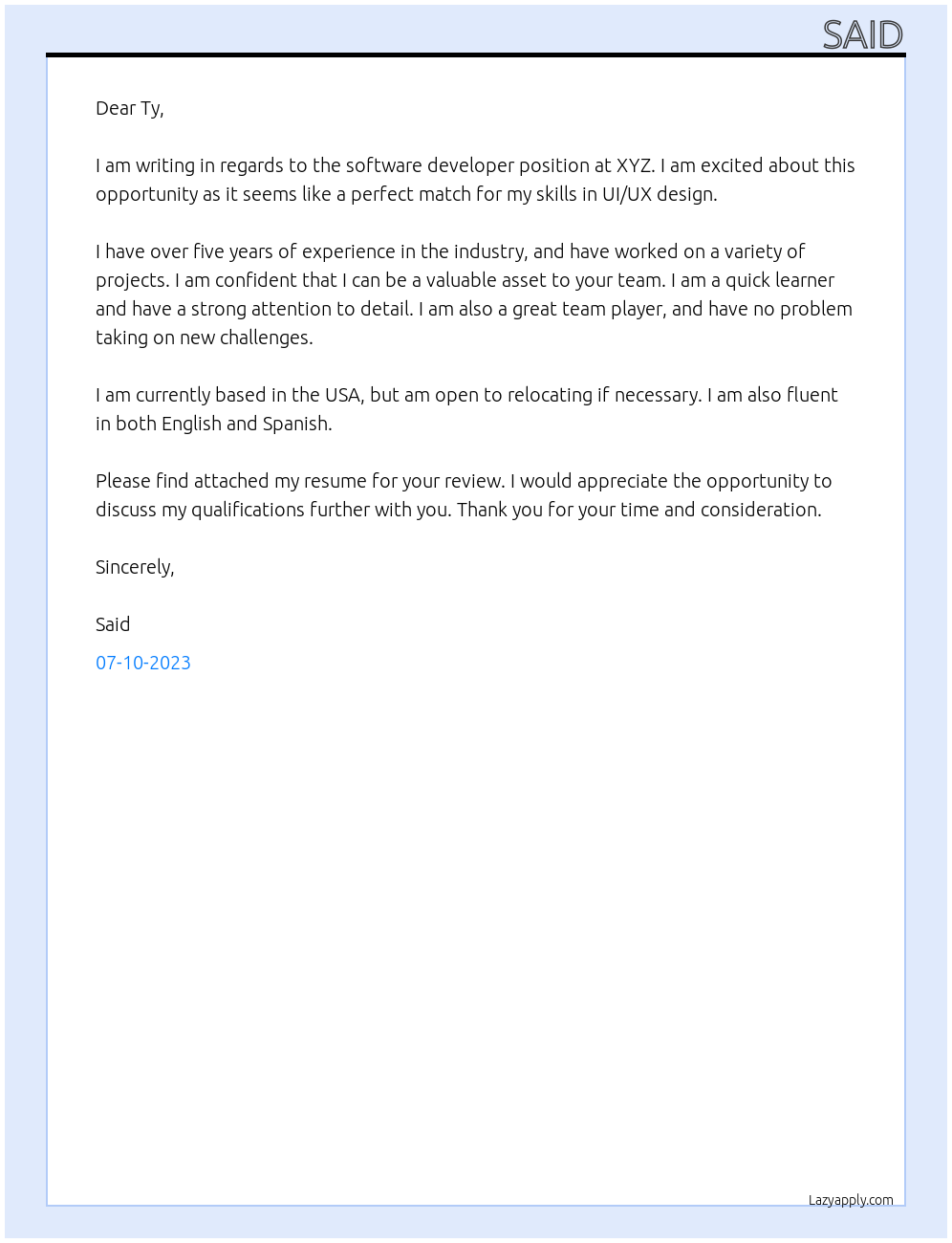 Software developers  At Xyz Cover Letter