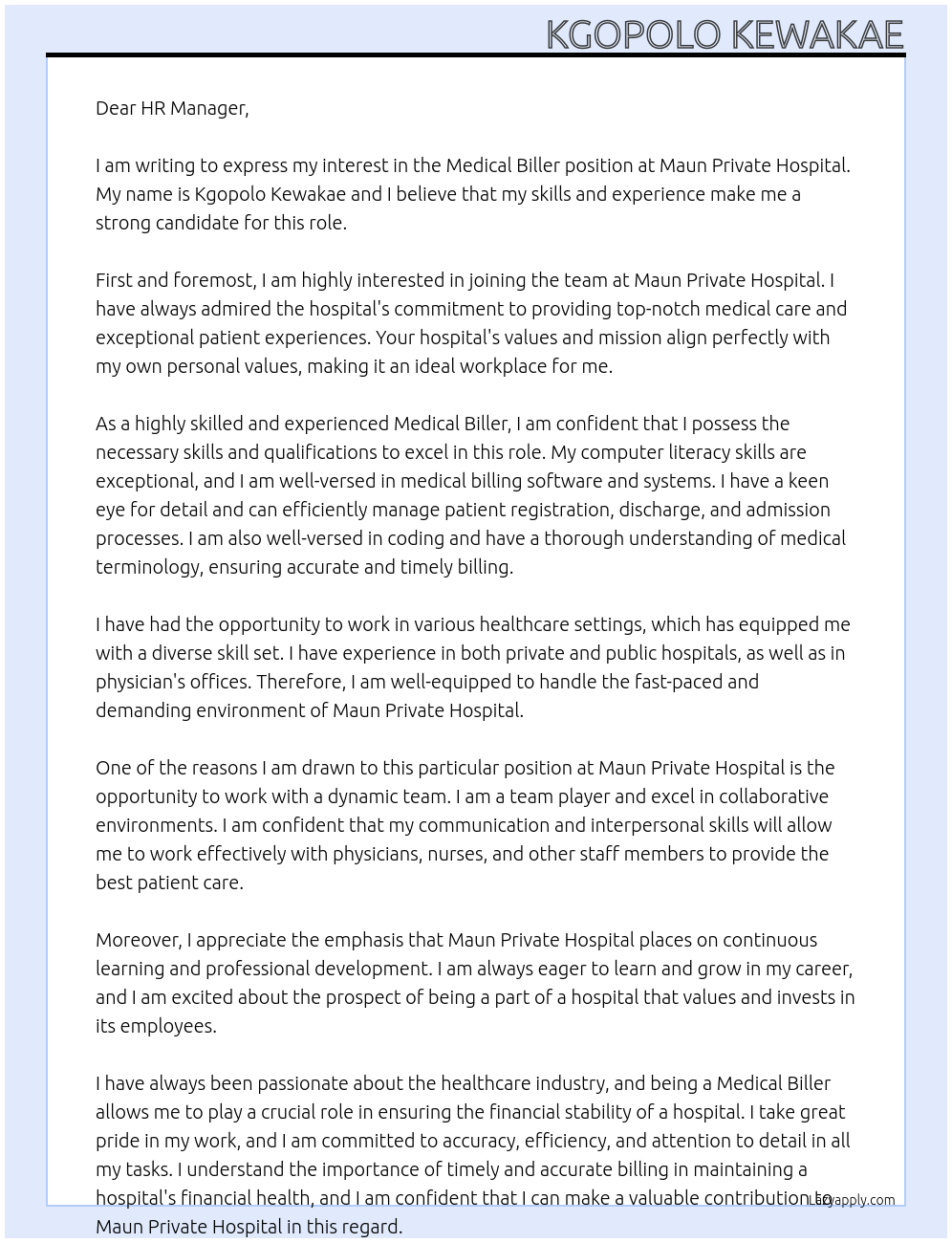 MEDICAL BILLER At MAUN PRIVATE HOSPITAL Cover Letter