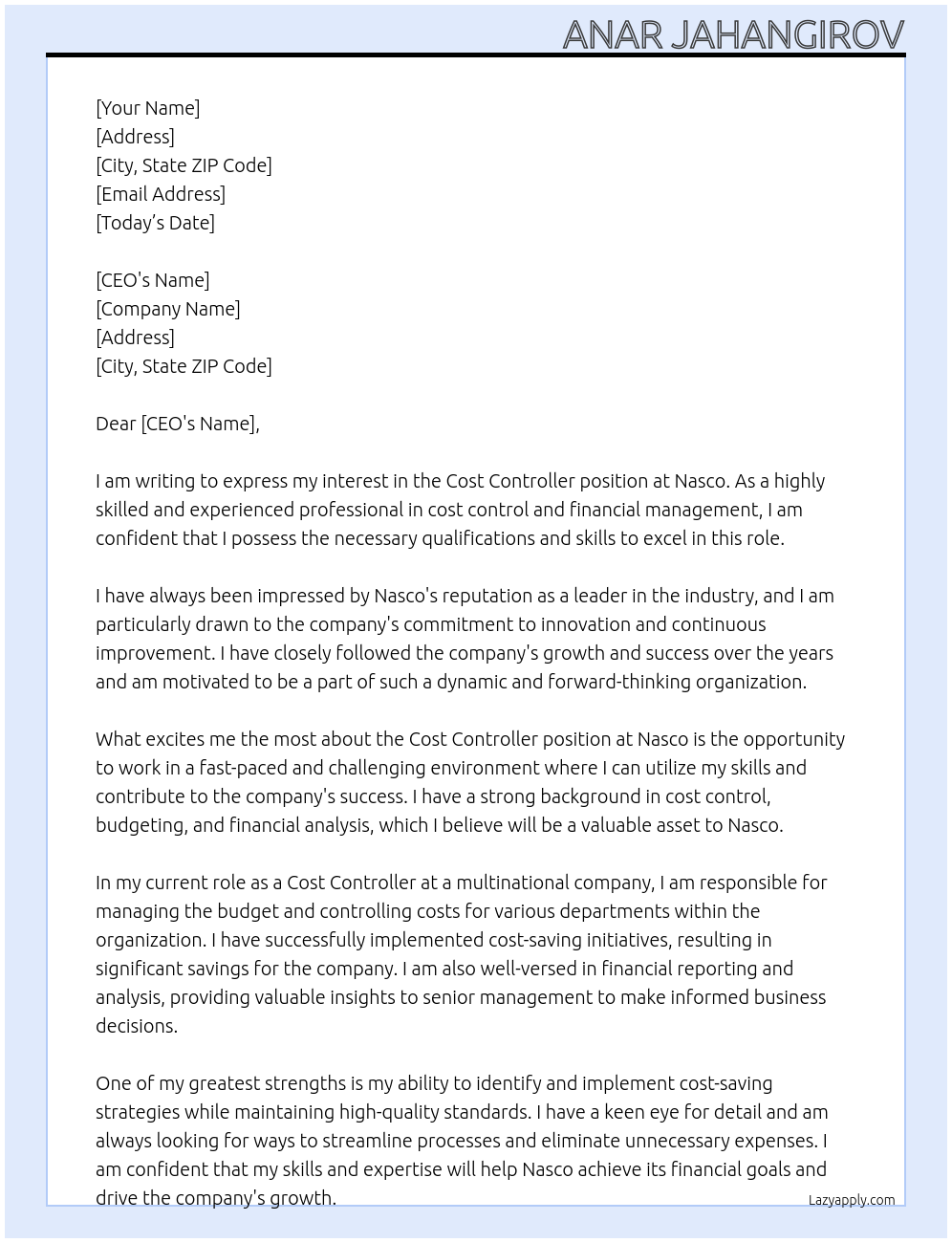 Cost Controller At Nasco Cover Letter