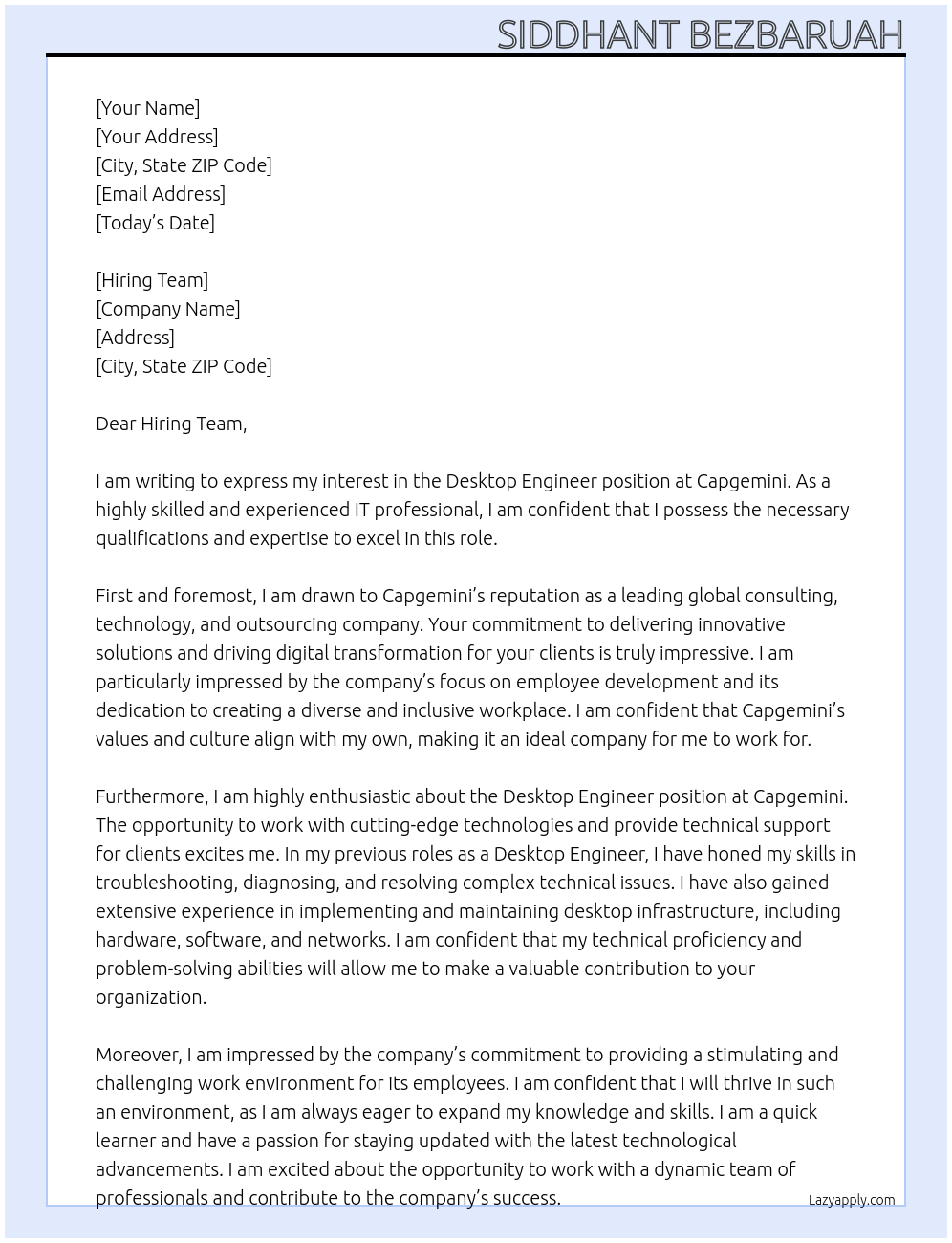 Desktop Engineer At Capgemini Cover Letter