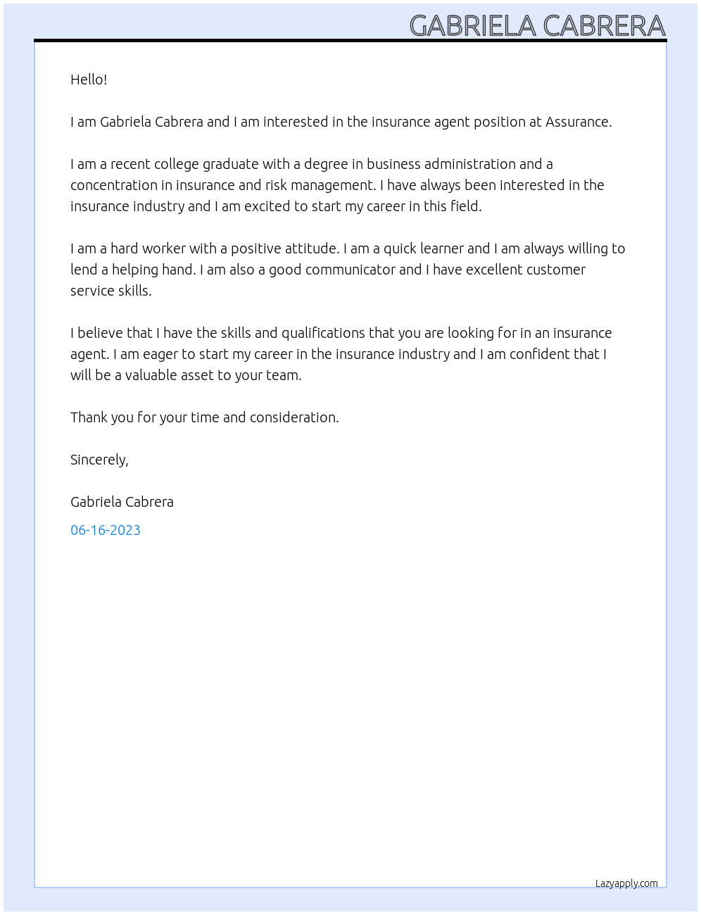 INSURANCE AGENT At Assurance Cover Letter