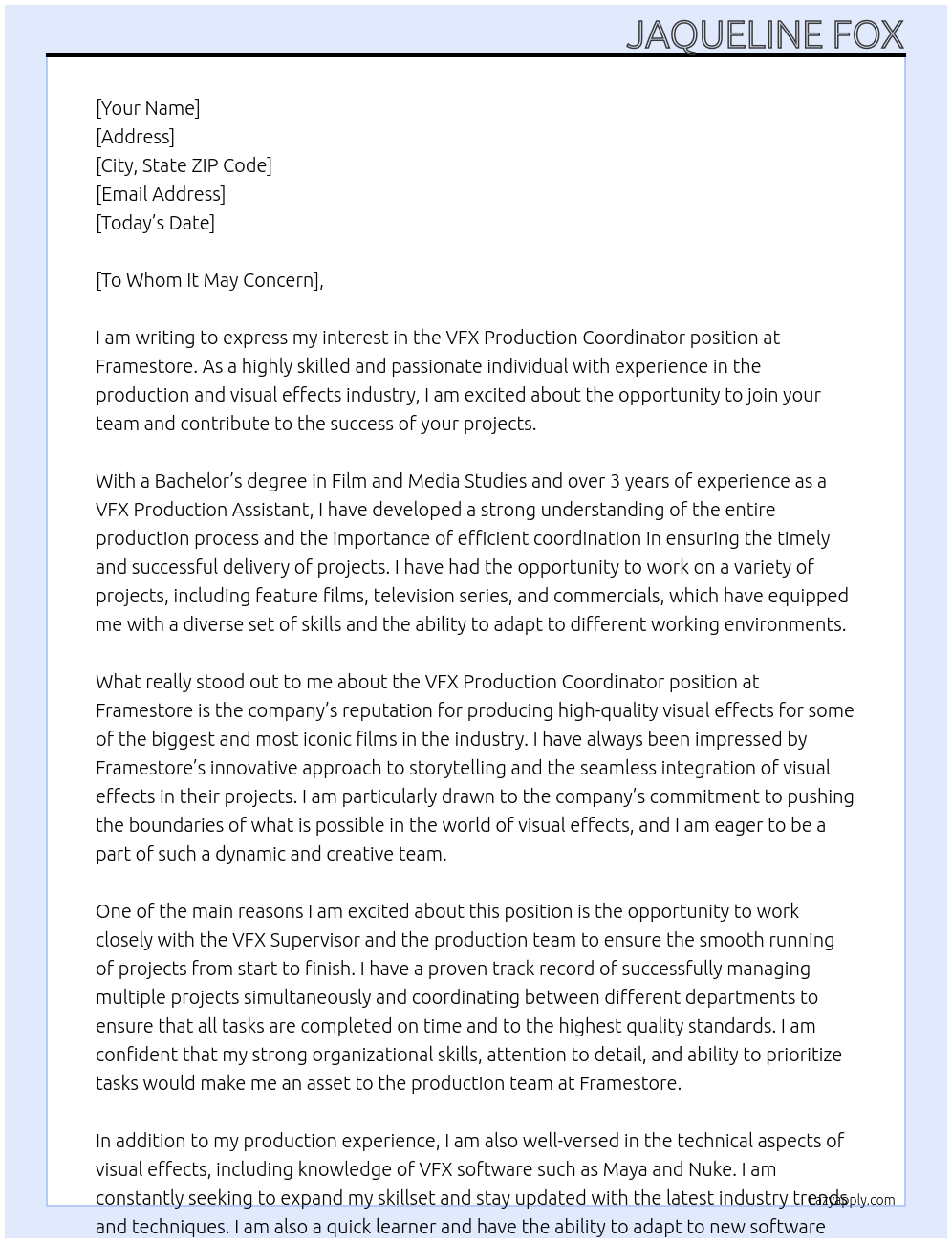 VFX Production Coordinator At Framestore Cover Letter
