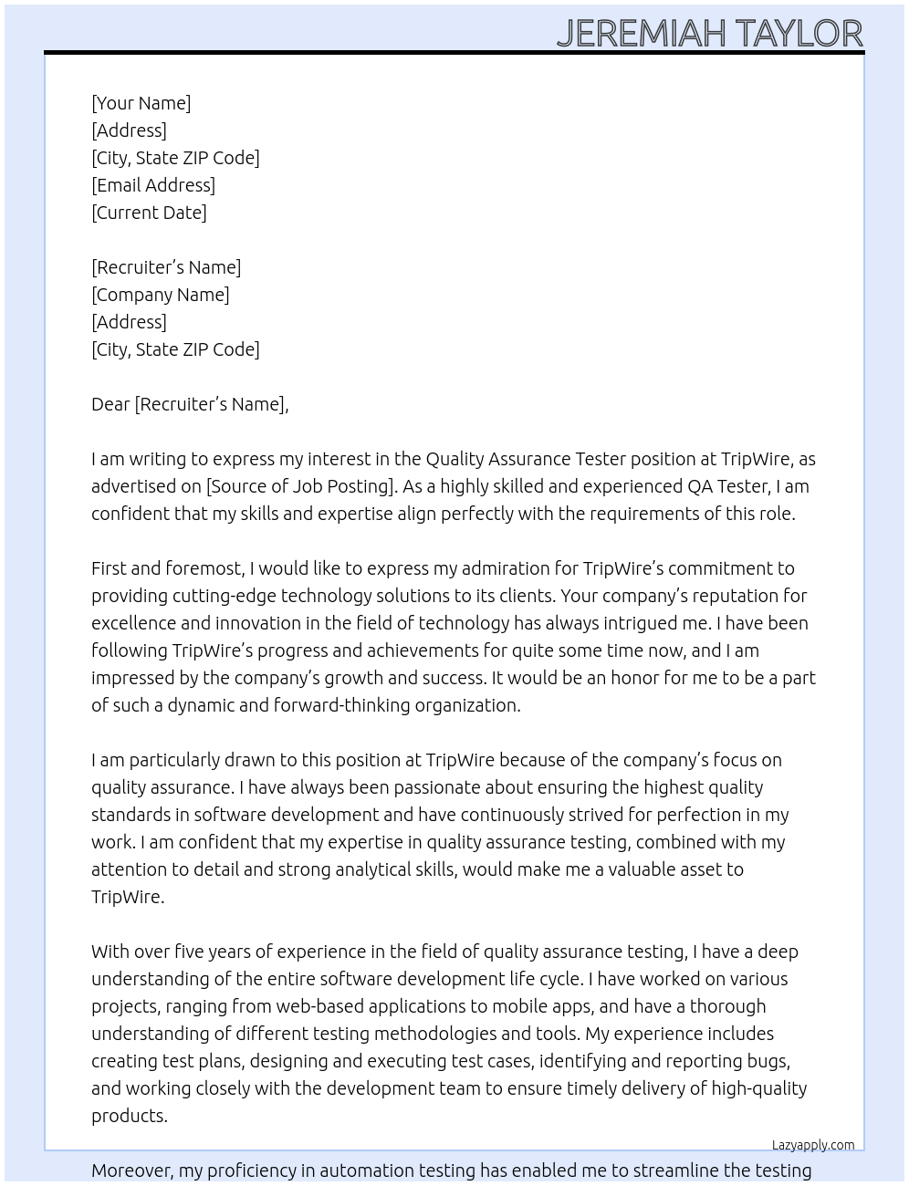 Quality assurance Tester  At TripWire  Cover Letter