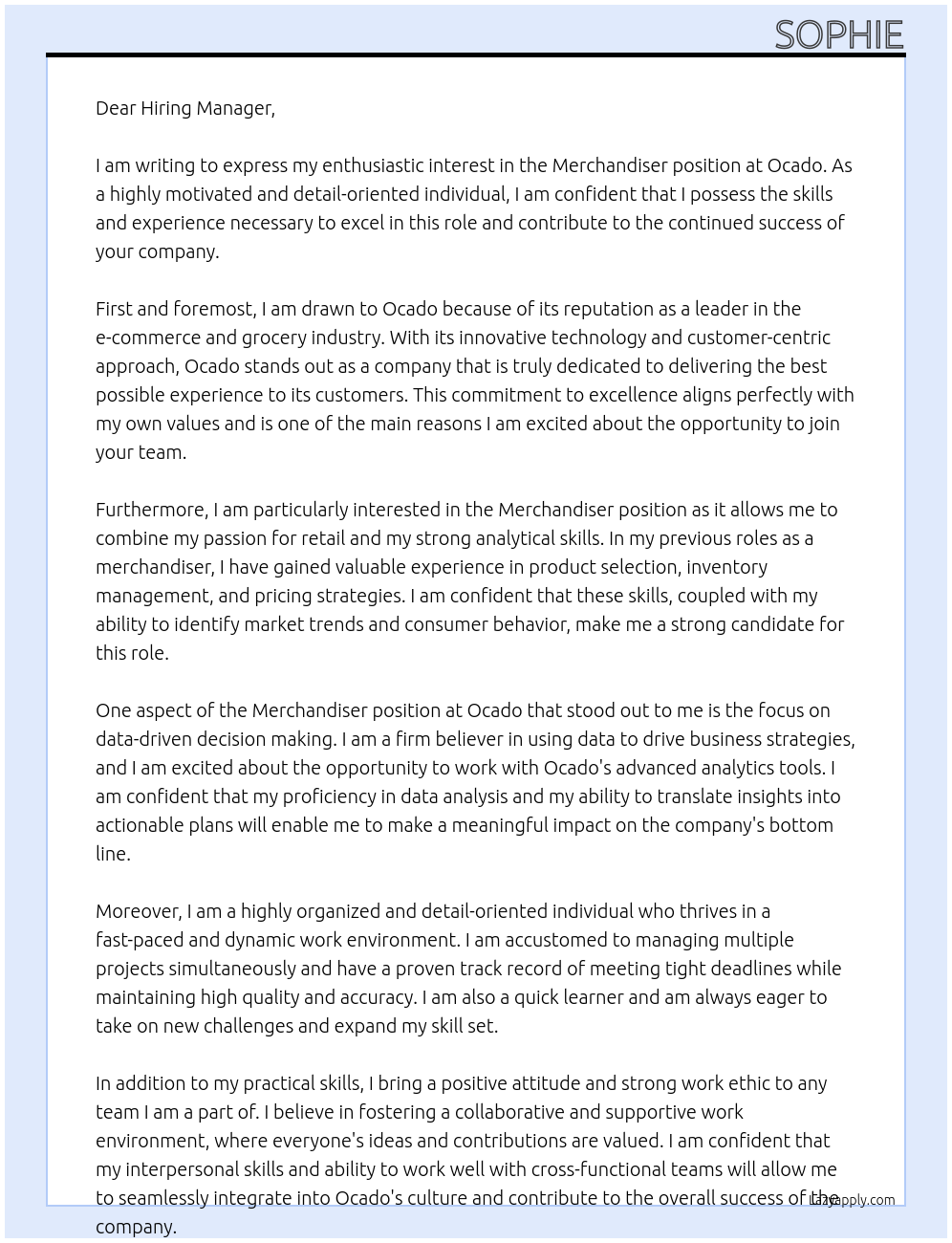 Merchandiser At Ocado Cover Letter