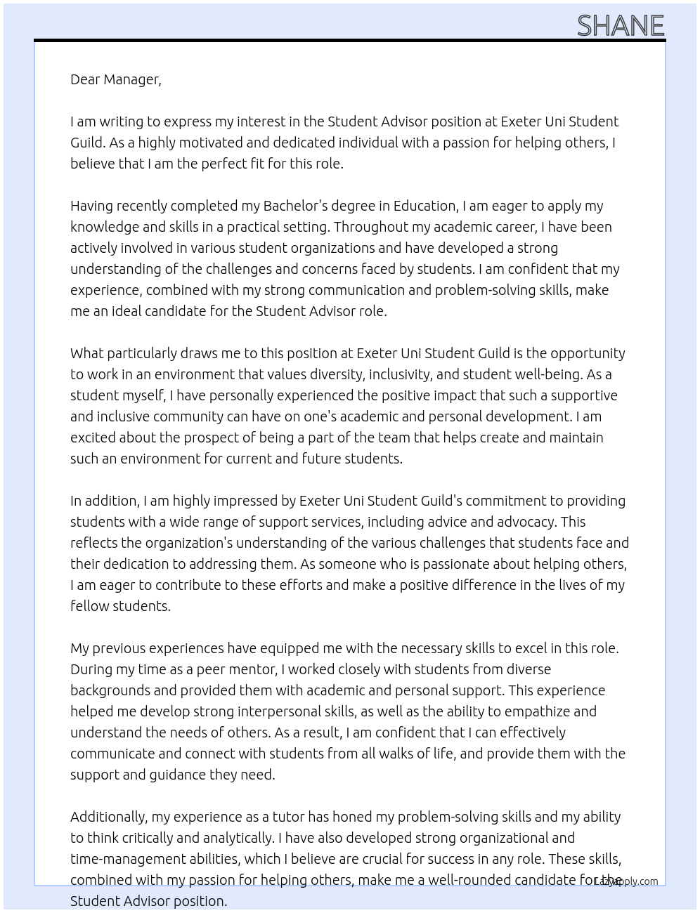 Student advisor At Exeter uni student guild Cover Letter