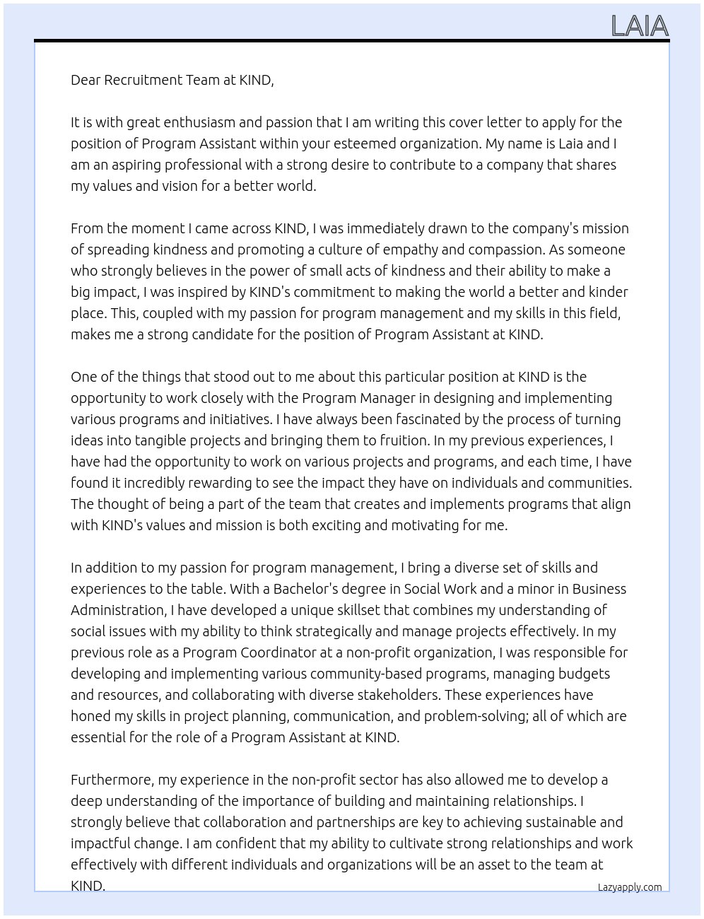 Program Assistant  At KIND Cover Letter