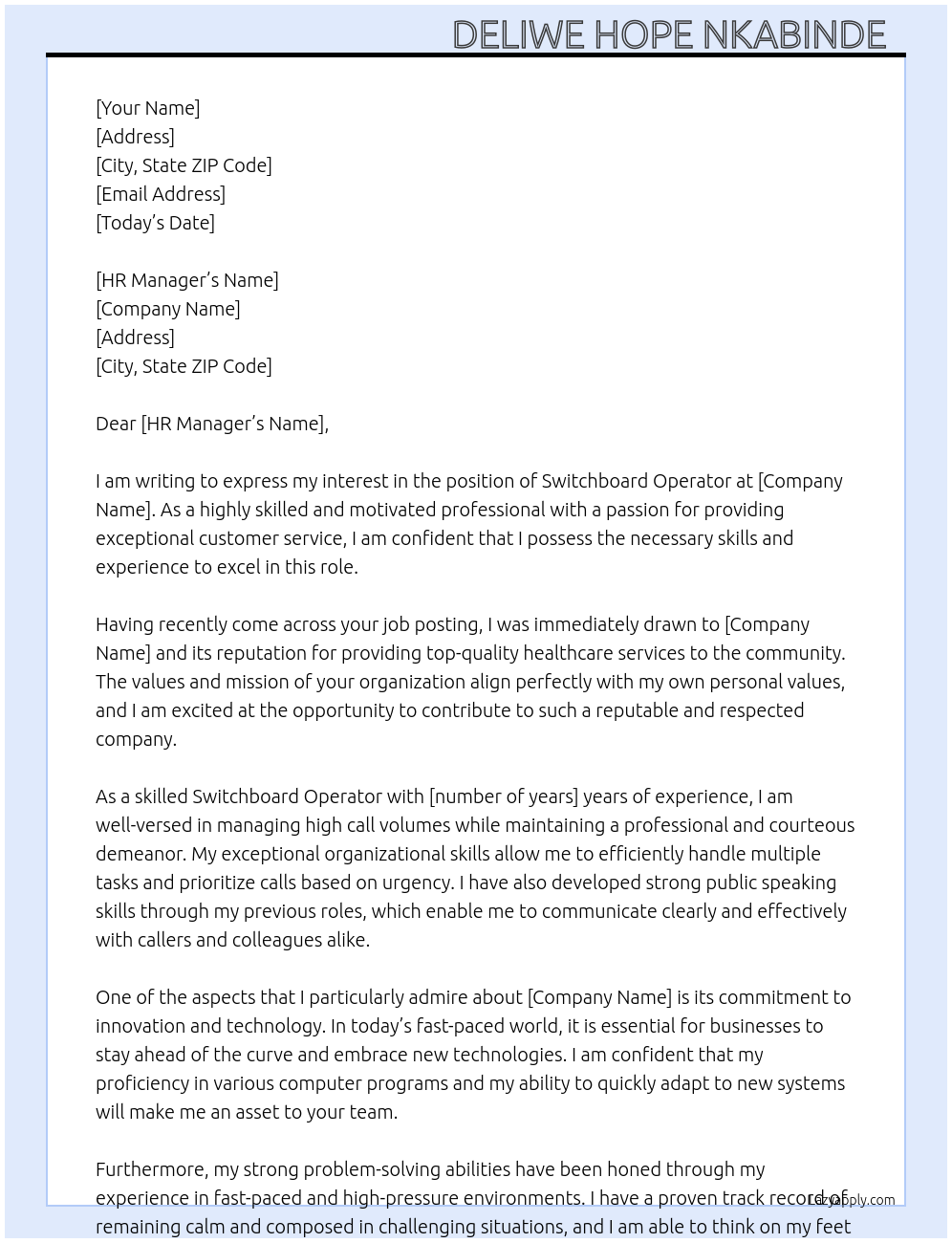 Switchboard operator  At Hospital group Cover Letter