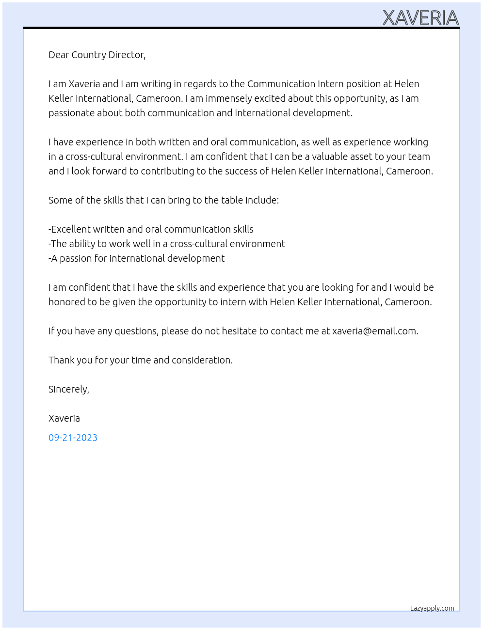 Communication Intern At Helen Keller International, Cameroon Cover Letter