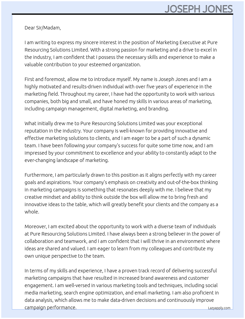 Marketing Executive At Pure Resourcing Solutions Limited Cover Letter