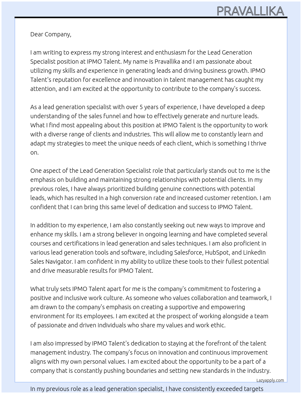 Lead Generation specialist At IPMO Talent Cover Letter