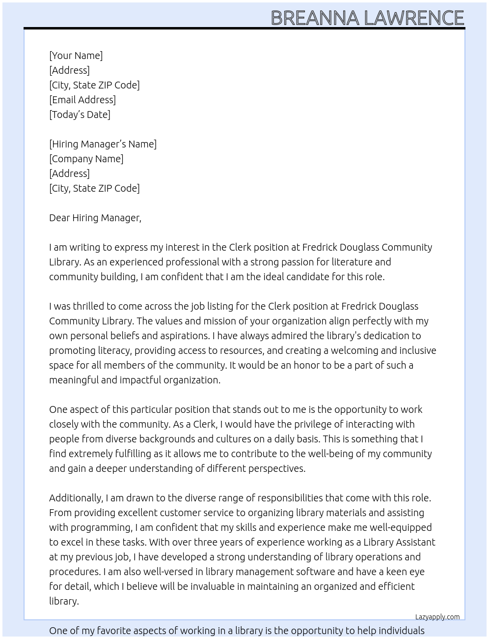 Clerk At Fredrick Douglass Community Library  Cover Letter
