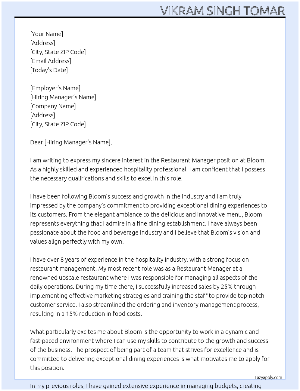 restaurant manager At bloom Cover Letter