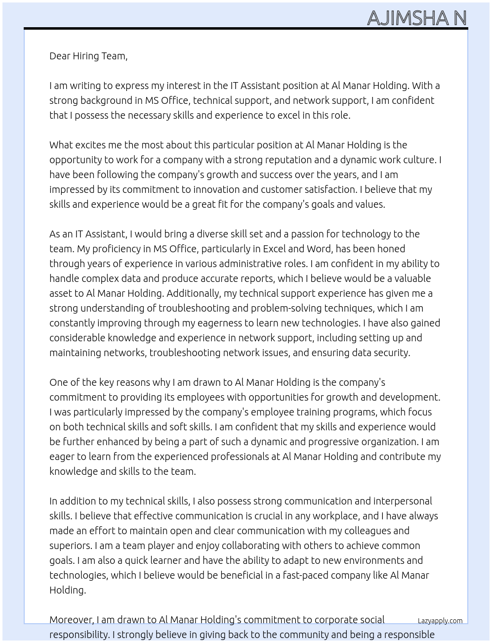 IT Assistant At Al Manar Holding Cover Letter