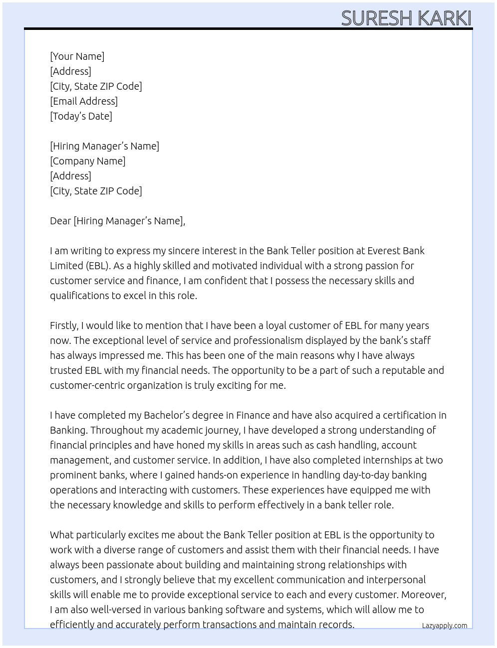 Bank Teller At Everest Bank Limited (EBL) Cover Letter