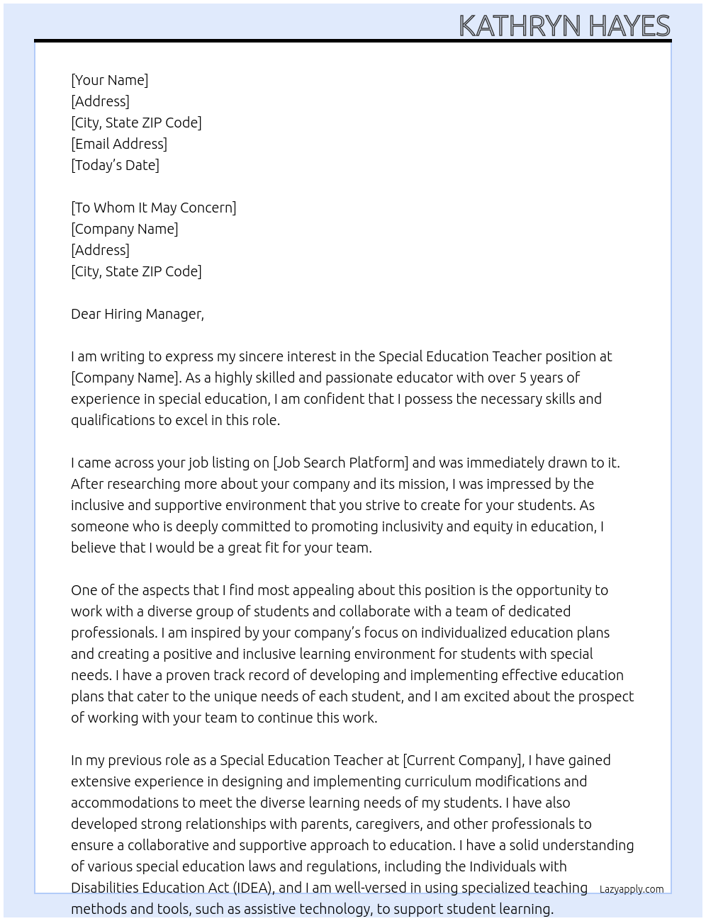 Special Education Teacher At To Whom It May Concern Cover Letter