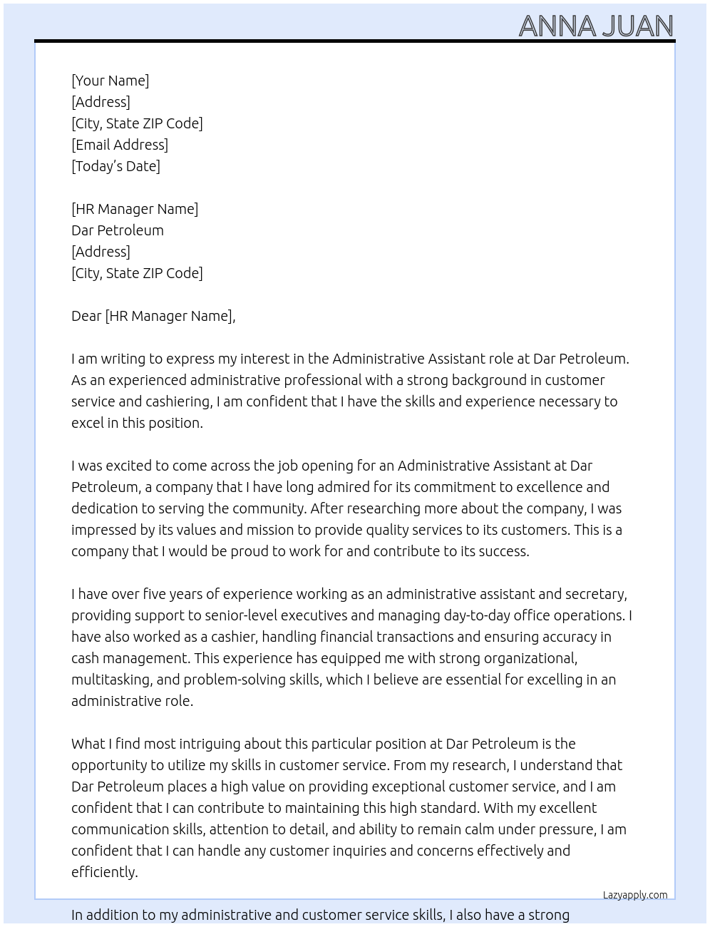 Administrative  At Dar petroleum  Cover Letter