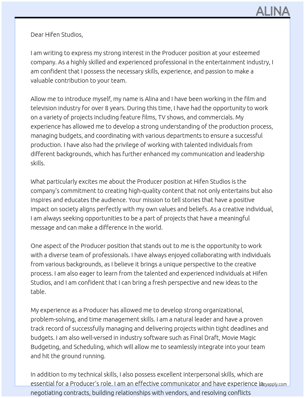 producer At hifen studios Cover Letter