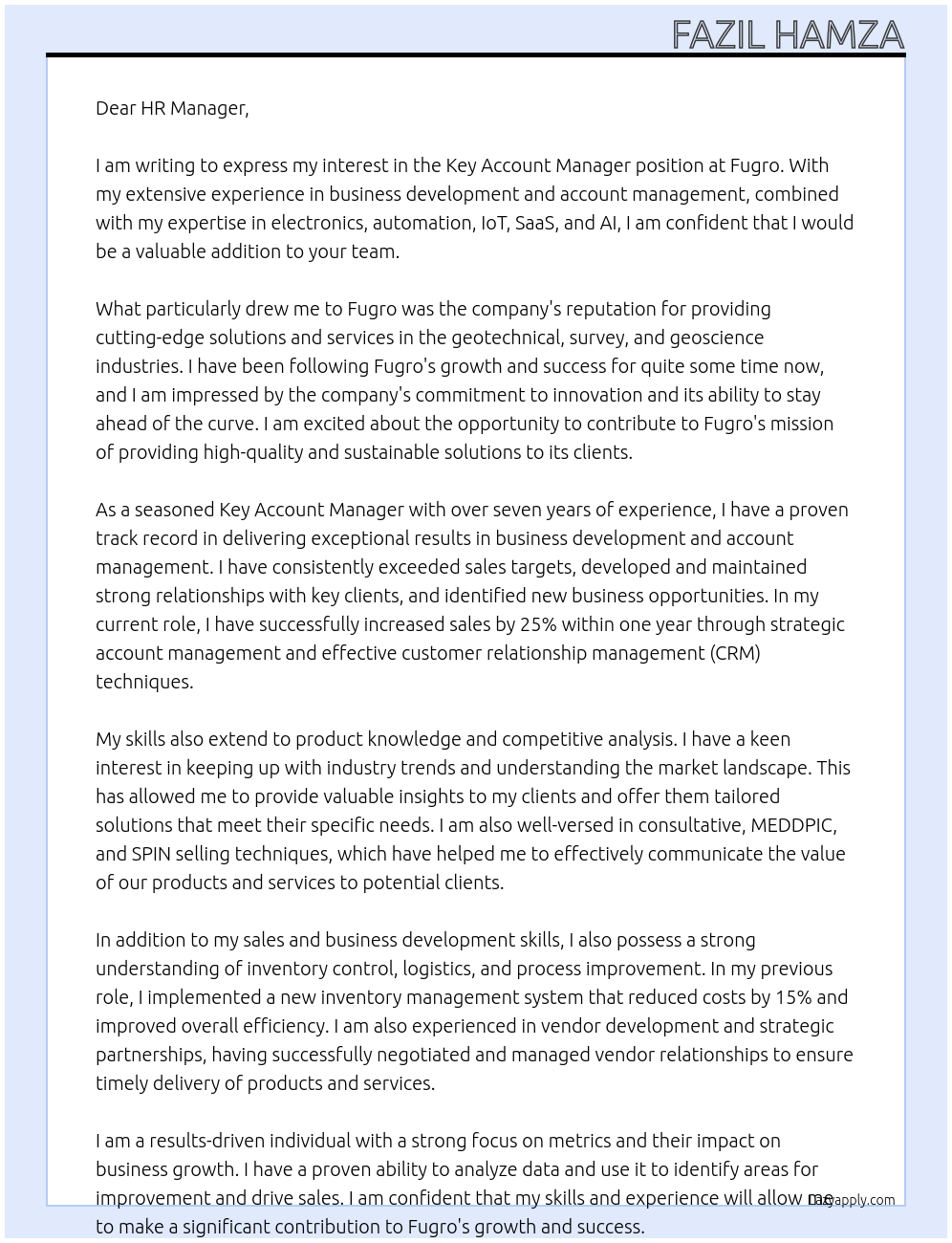 Key Account Manager At Fugro Cover Letter