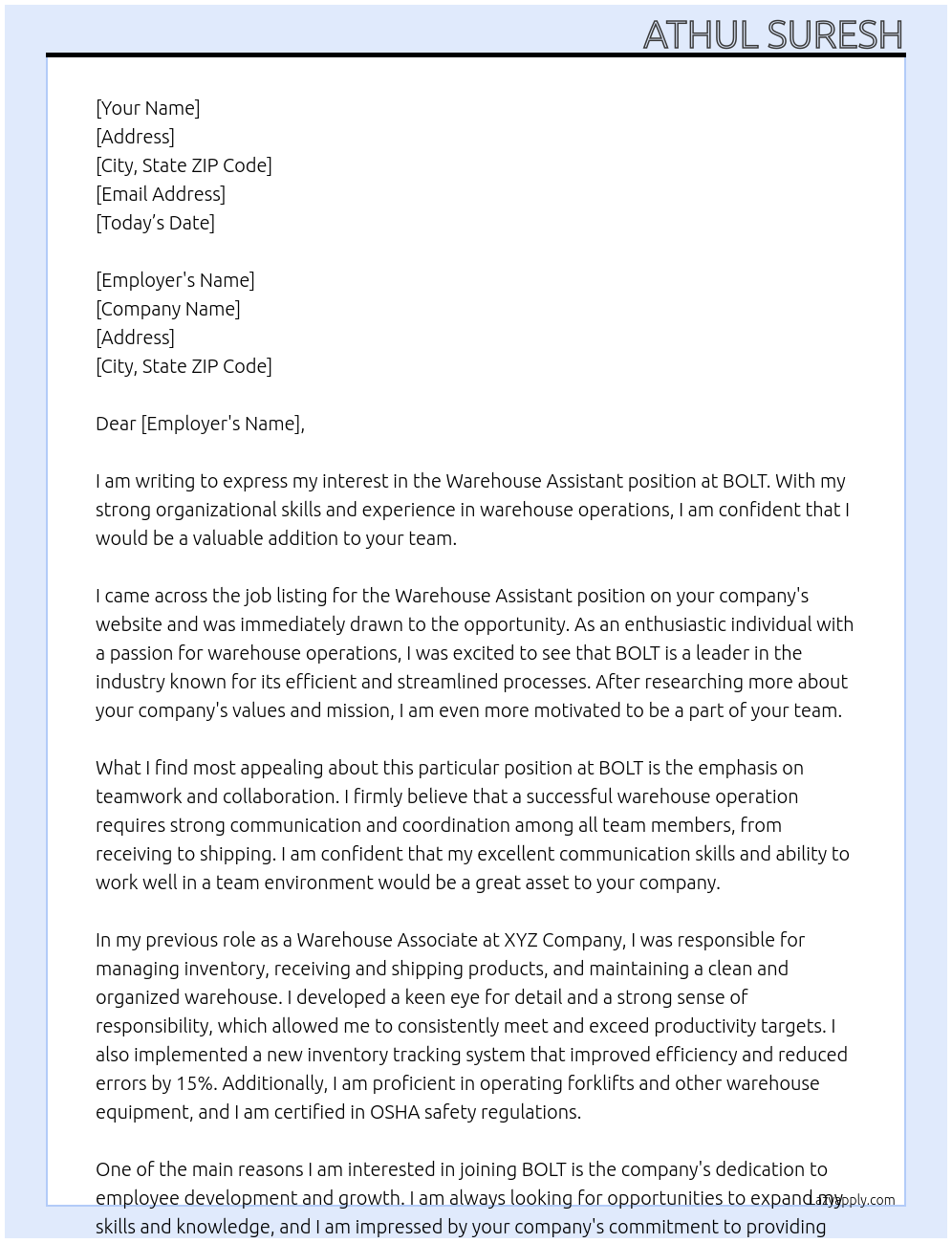warehose assistant At BOLT Cover Letter