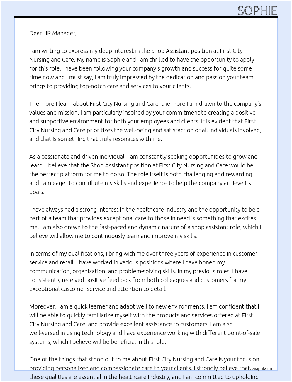 shop assistant At First City Nursing and Care Cover Letter