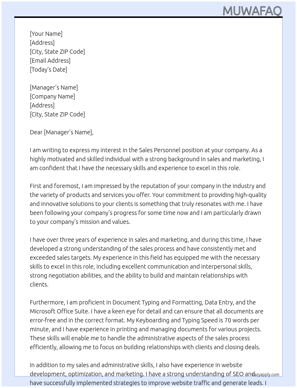 Sales Personnel At your company Cover Letter