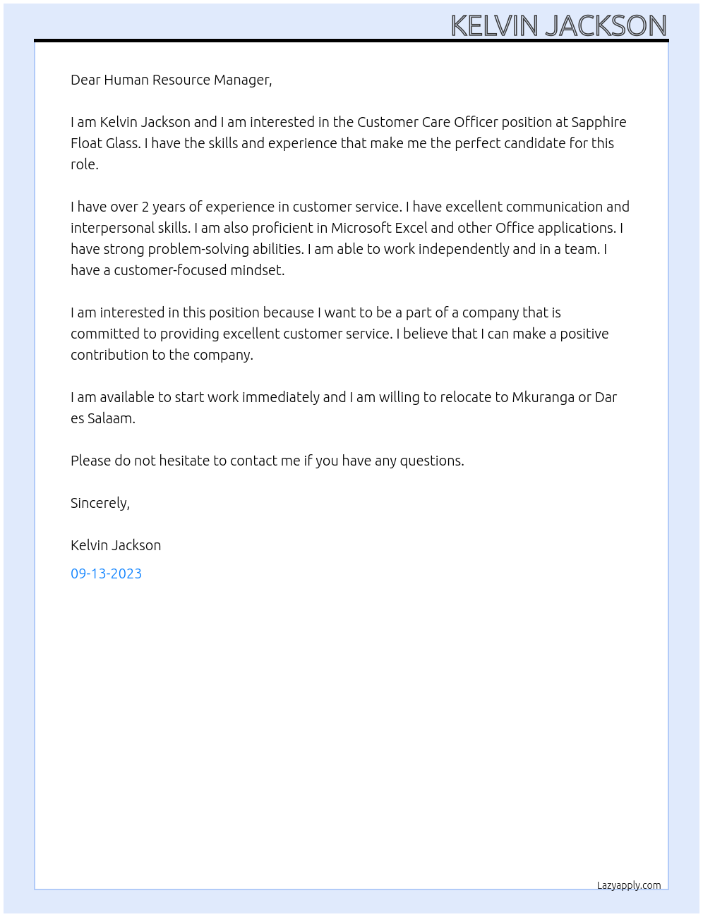 Customer care officer At Sapphire Float Glass Cover Letter