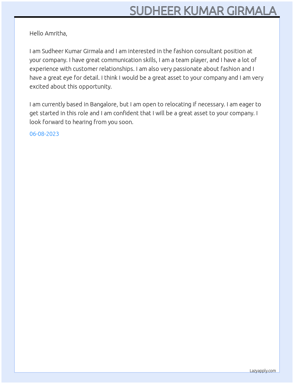 Fashion consultant At Fashion retail Cover Letter