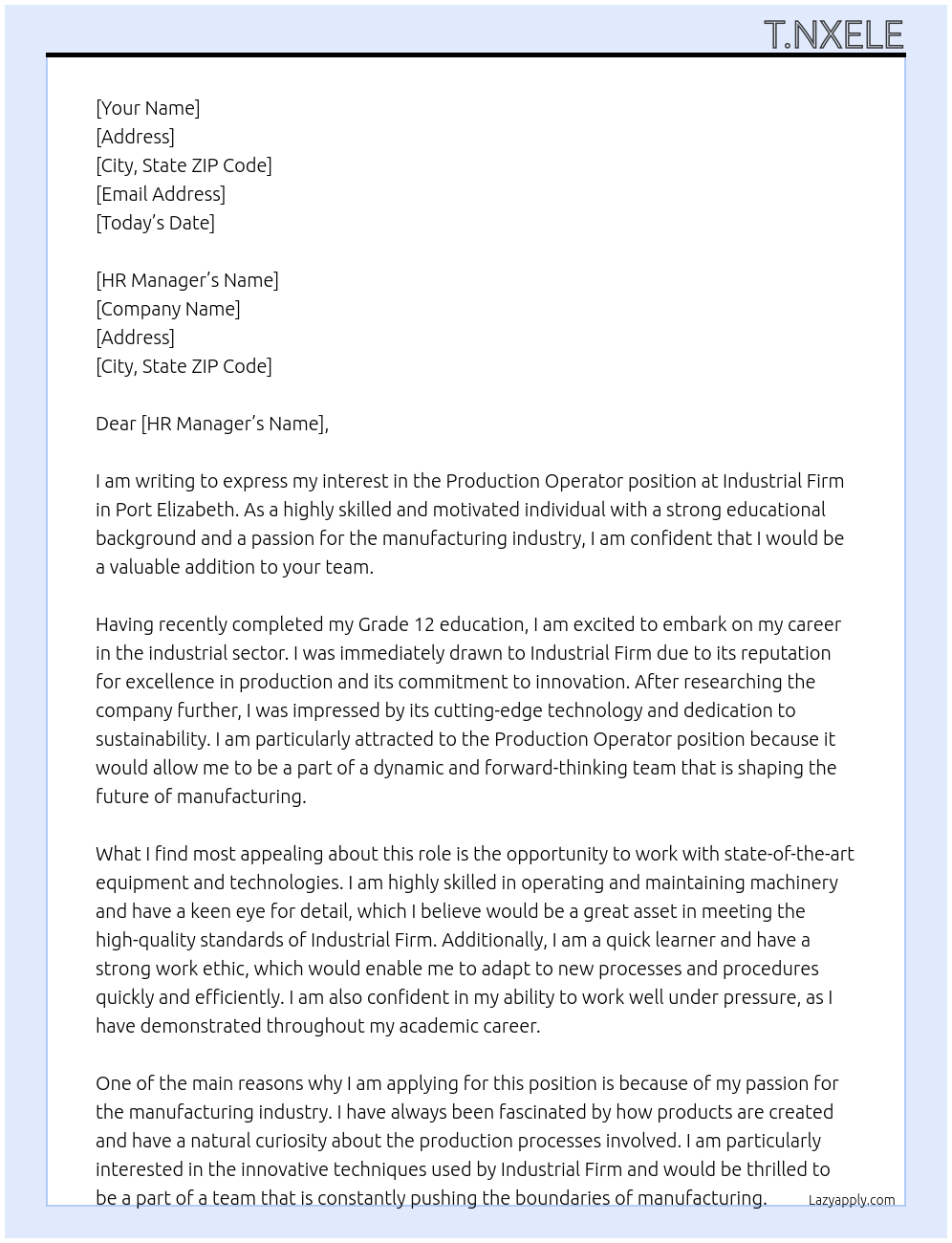 Production Operator At Industrial Firm Cover Letter
