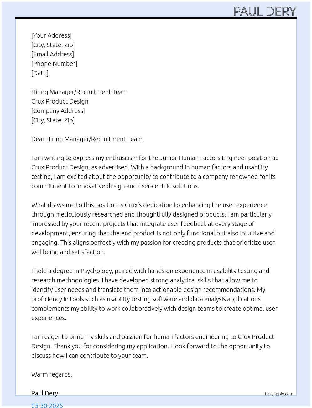 Cover letter for junior human factors engineer - LazyApply