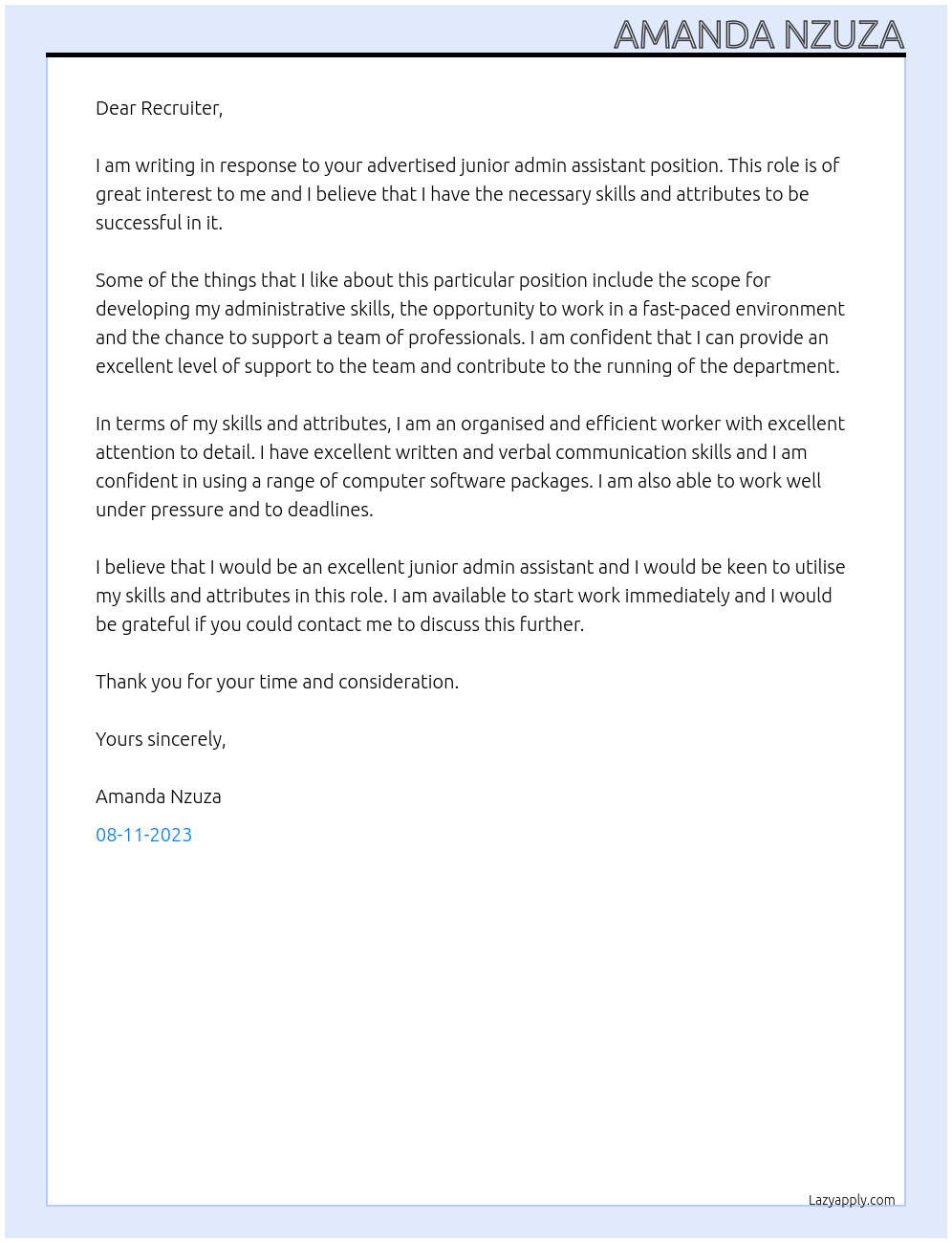 Junior Admin Assistant At PFS Holdings Cover Letter