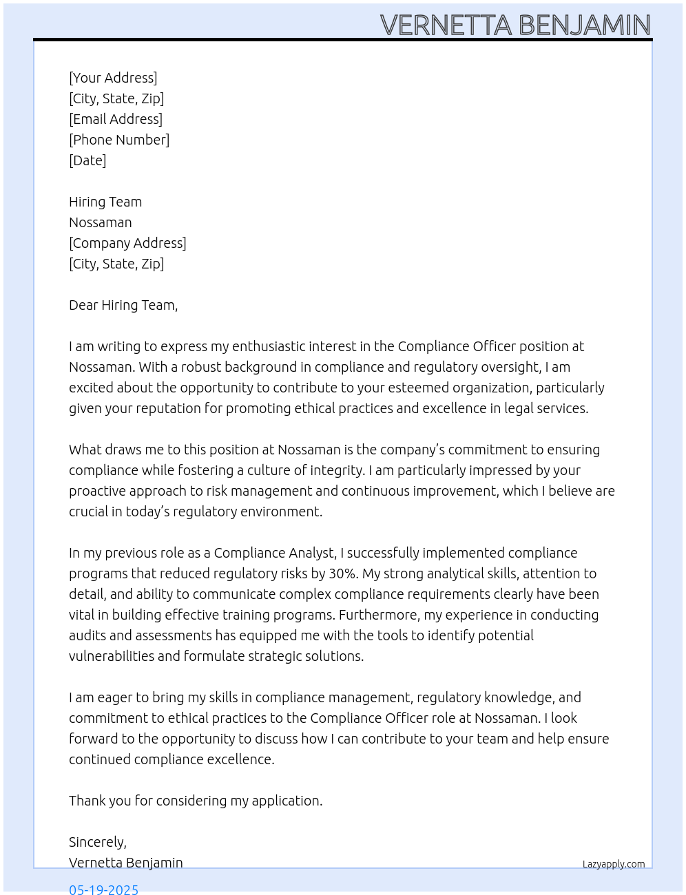 Compliance Officer At Nossaman Cover Letter