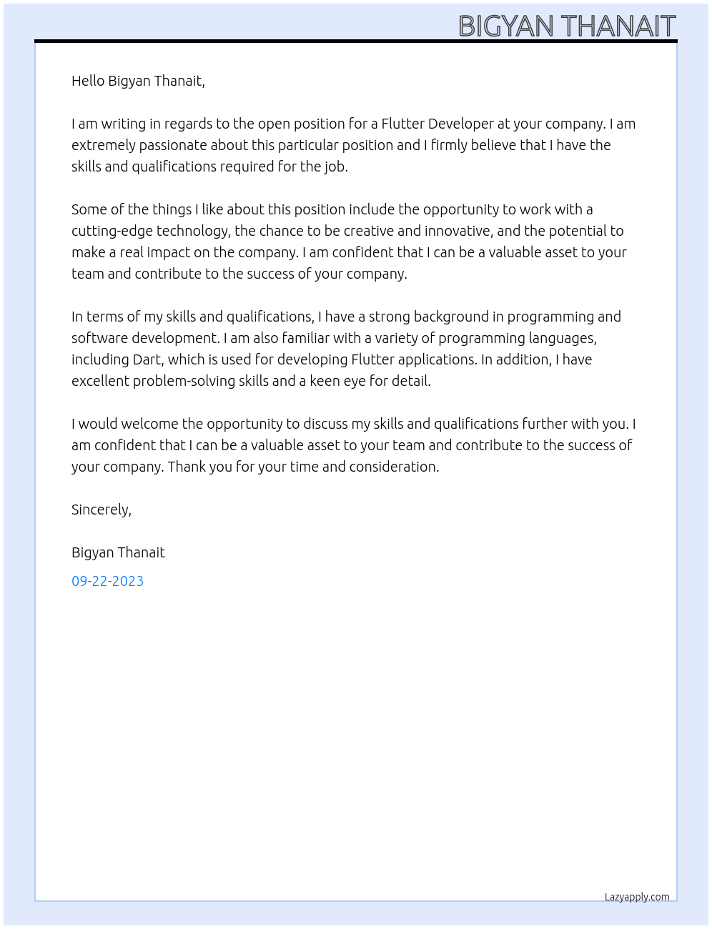 Flutter Developer At Bigyan Thanait Cover Letter
