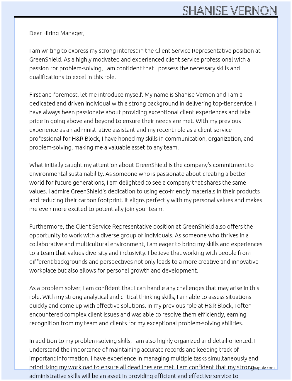Client Service Representative At GreenShield Cover Letter