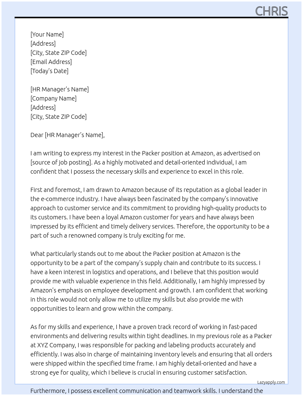 packer At amazon Cover Letter