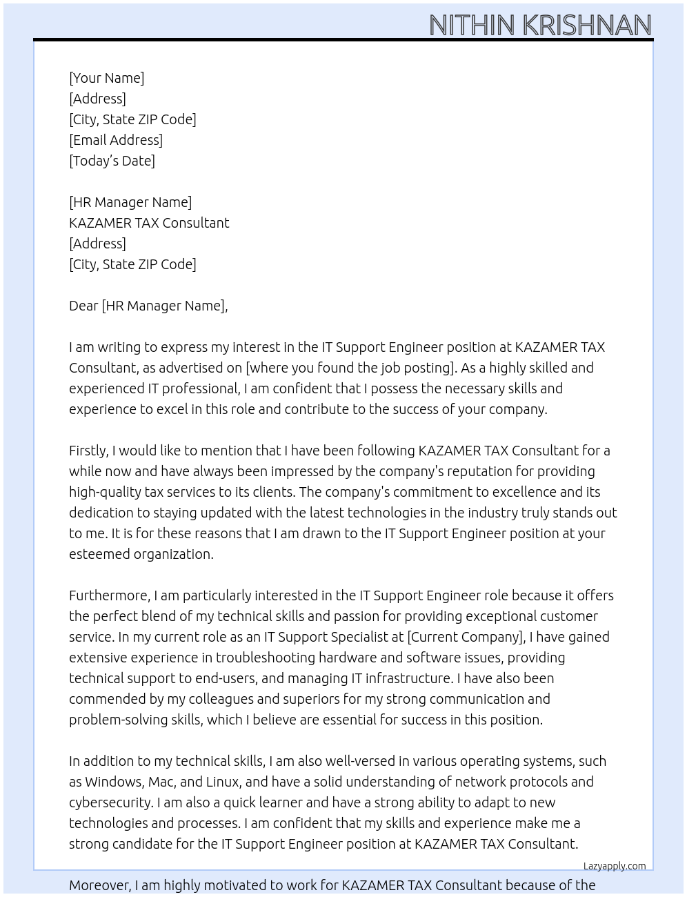 IT Support Engineer At KAZAMER TAX Consultant Cover Letter