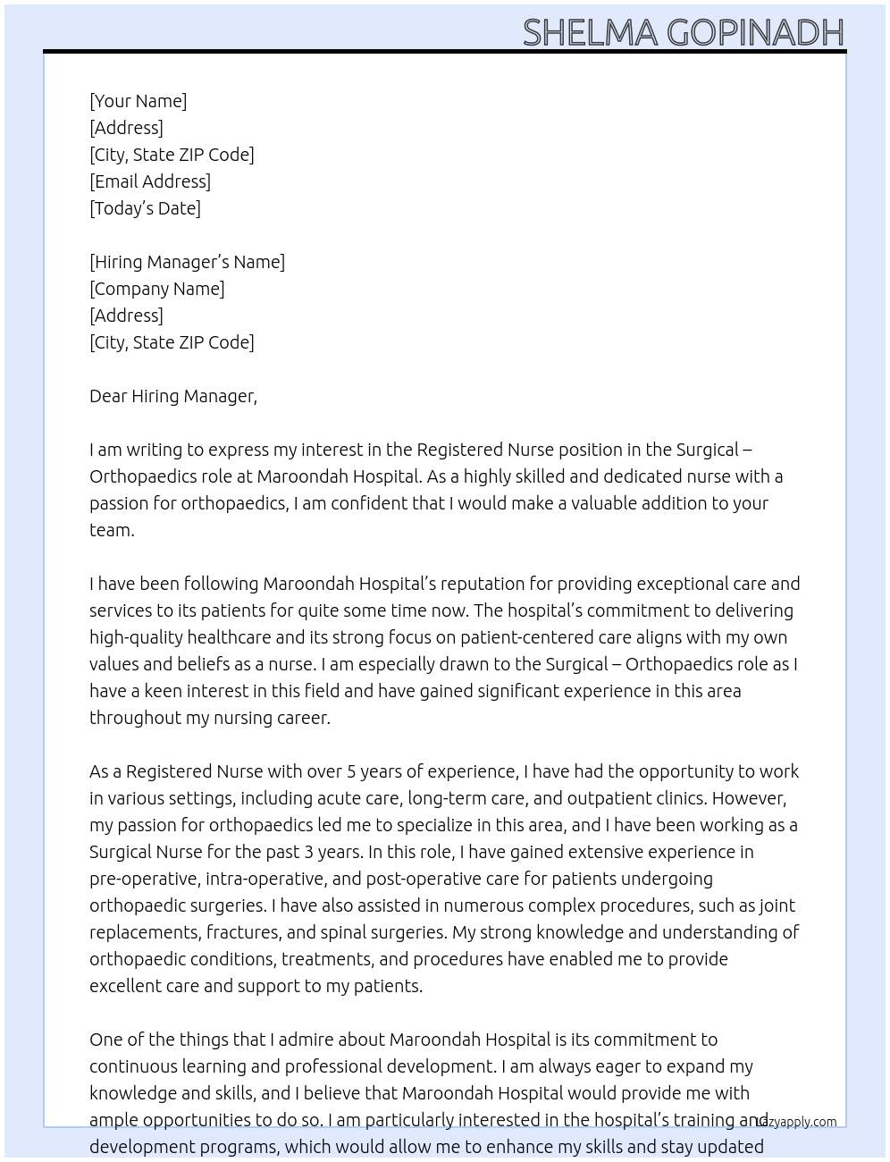 Registered Nurse At Maroondah Hospital Cover Letter