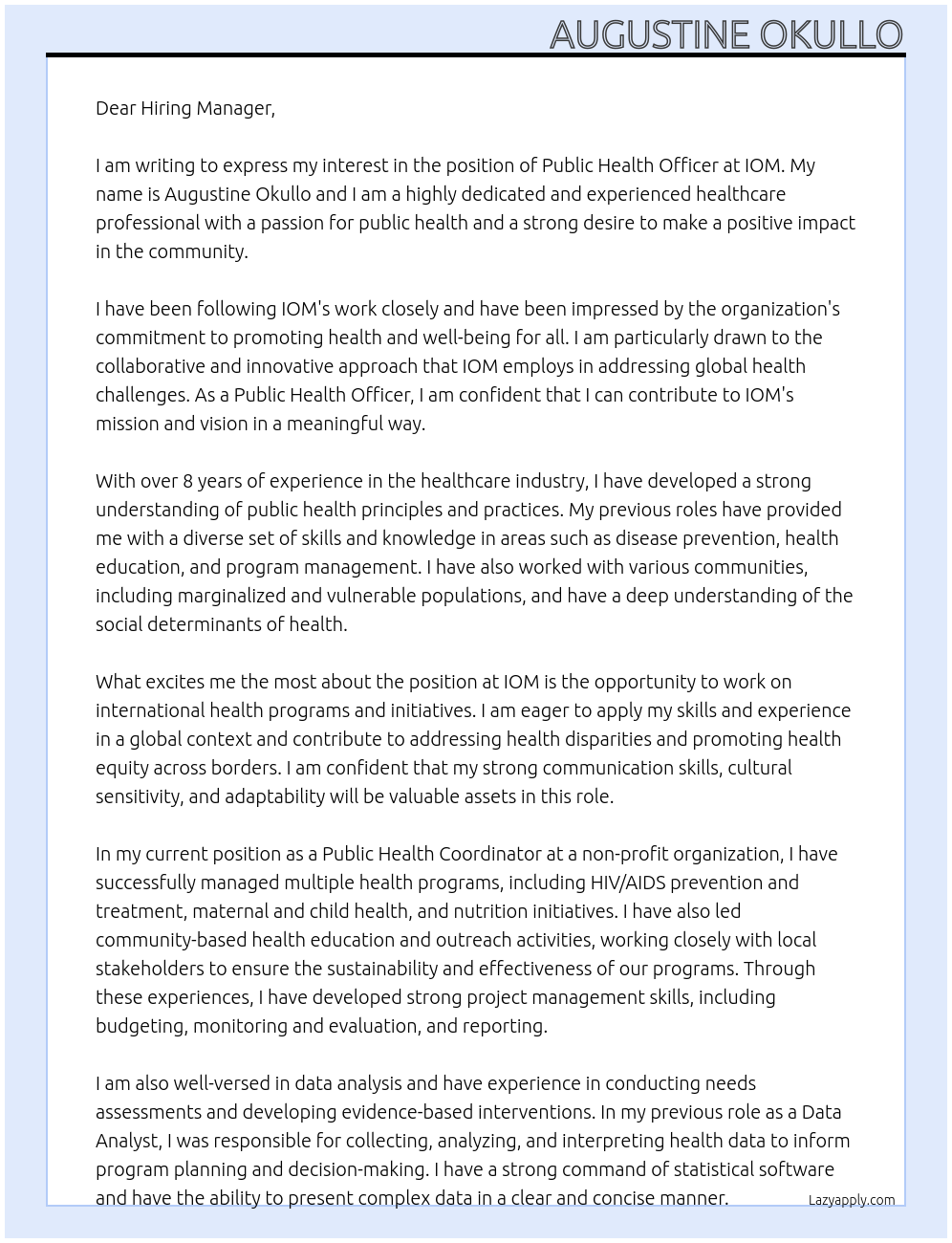 Public health officer At IOM Cover Letter