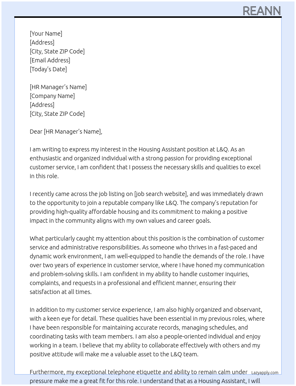 housing assistant  At l&q  Cover Letter