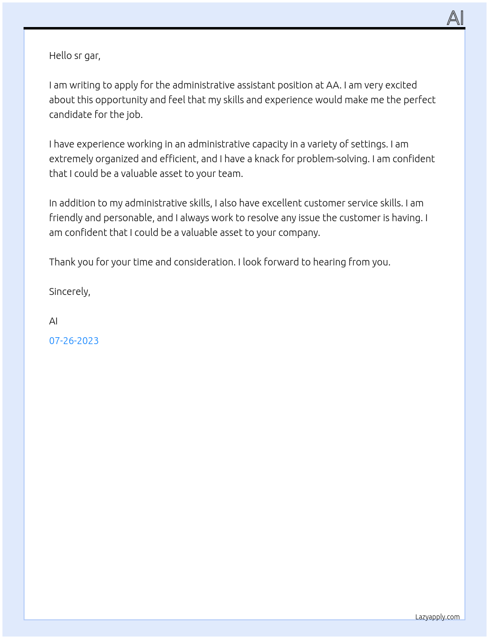 administrative assistant At aa Cover Letter