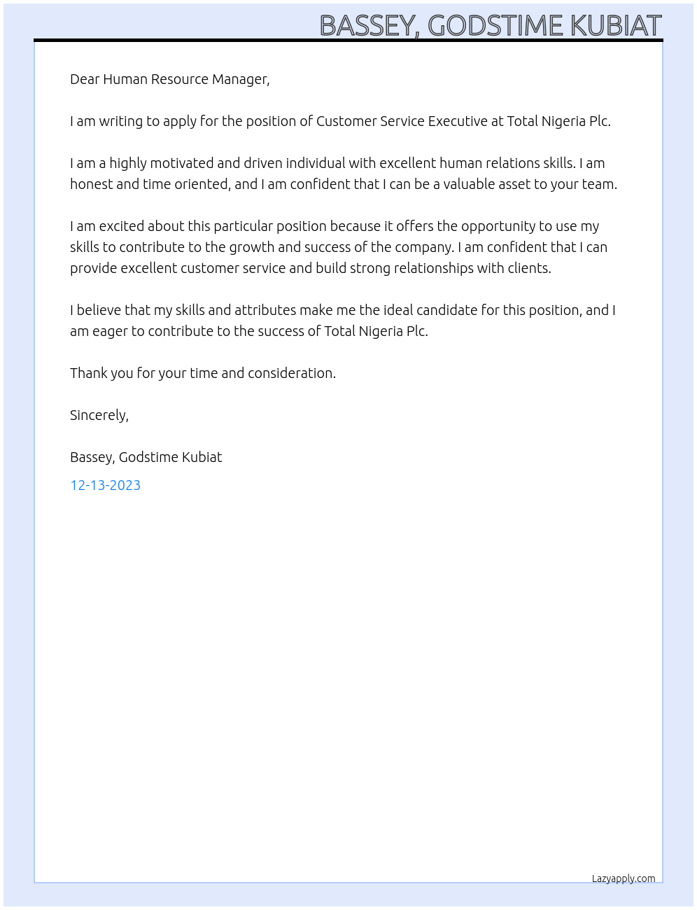 Customer Service Executive At Total Nigeria Plc Cover Letter