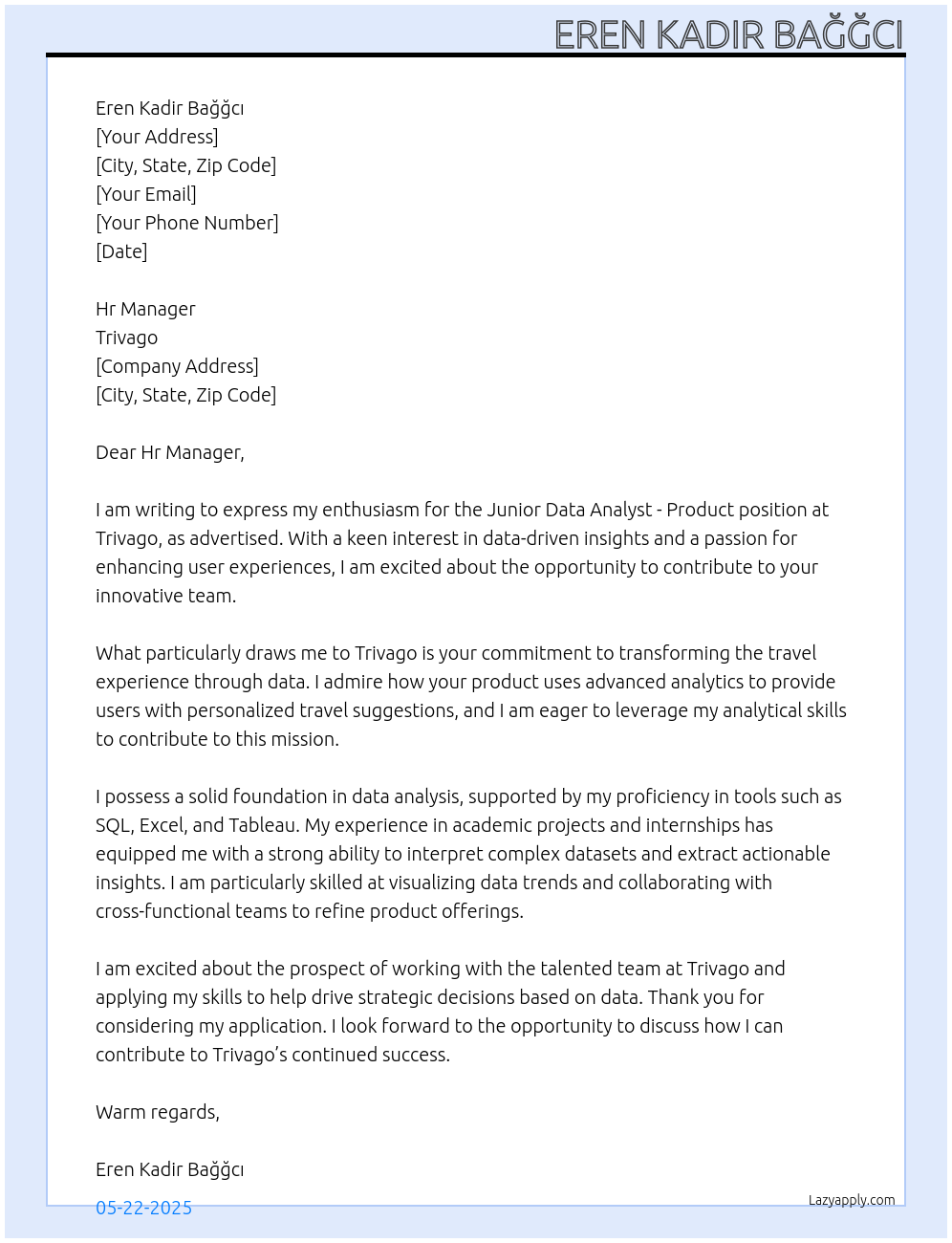 Cover letter for junior data analyst - product - LazyApply