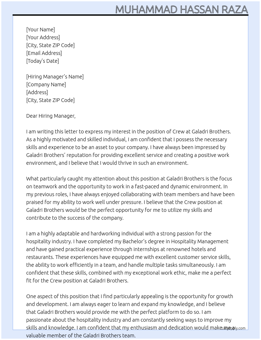 Crew At Galadri Brothers Cover Letter