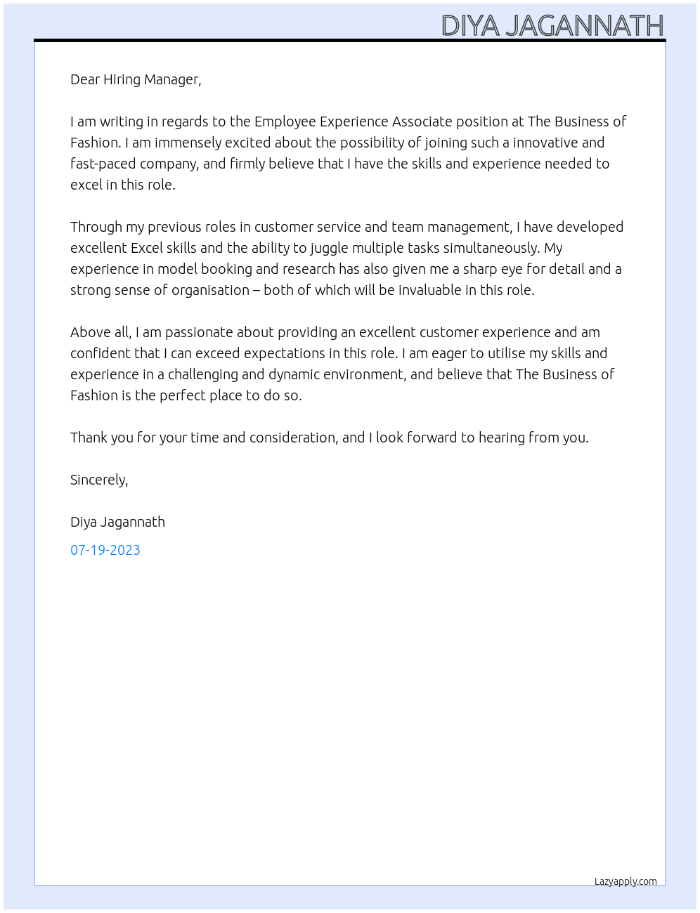 Employee Experience Associate At The Business of Fashion Cover Letter