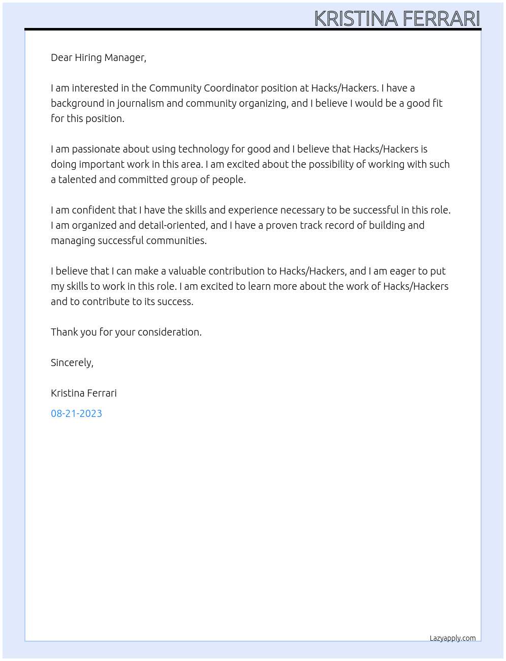 Community Coordinator  At Hacks/Hackers Cover Letter