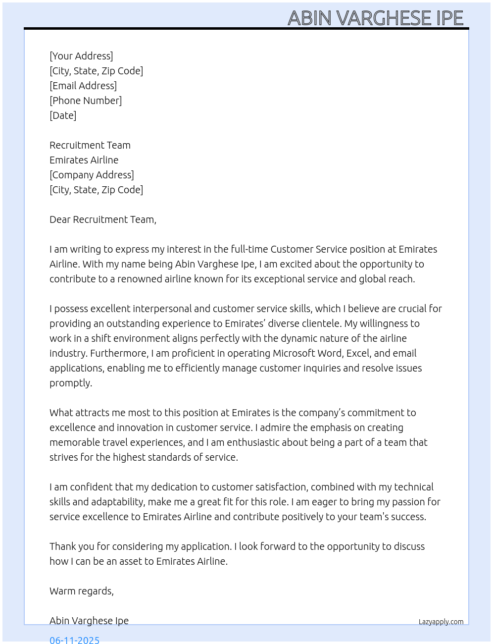 Customer Service At Emirates Airline Cover Letter