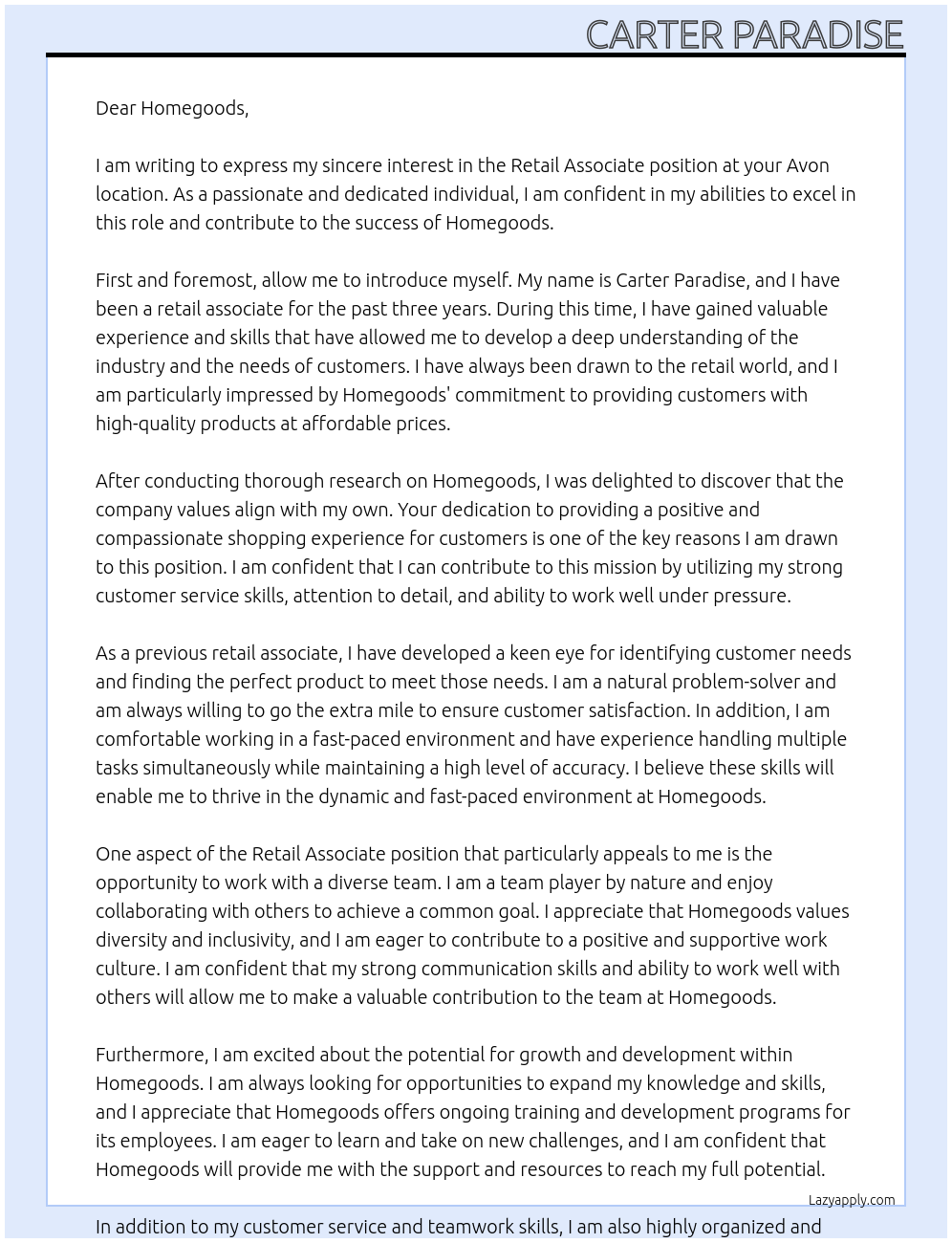 Retail associate  At Homegoods Cover Letter