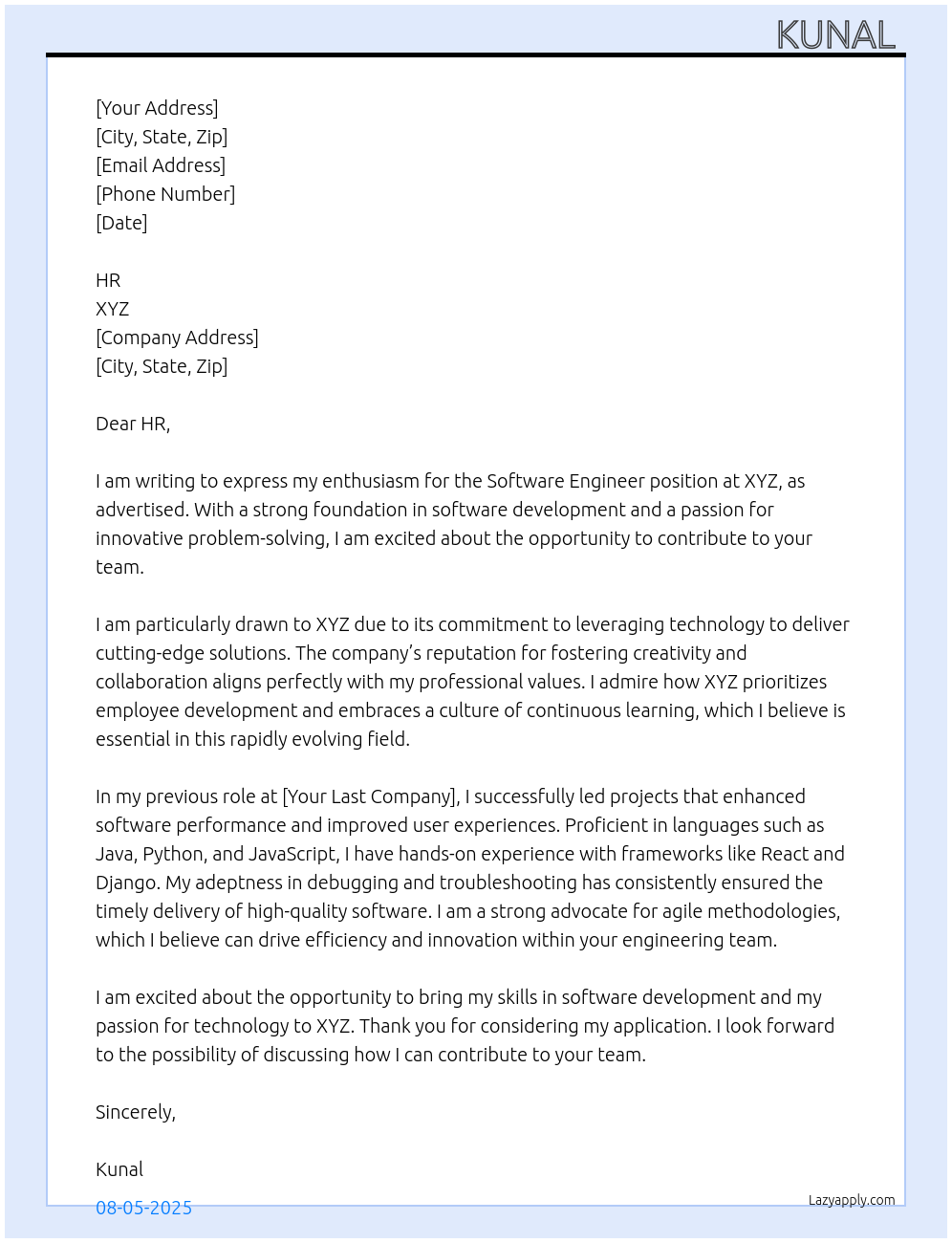 Software Engineer At XYZ Cover Letter