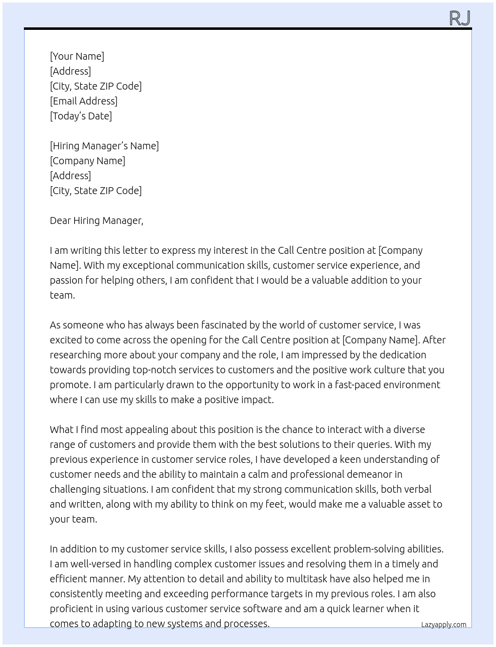 Call Centre At Company Cover Letter