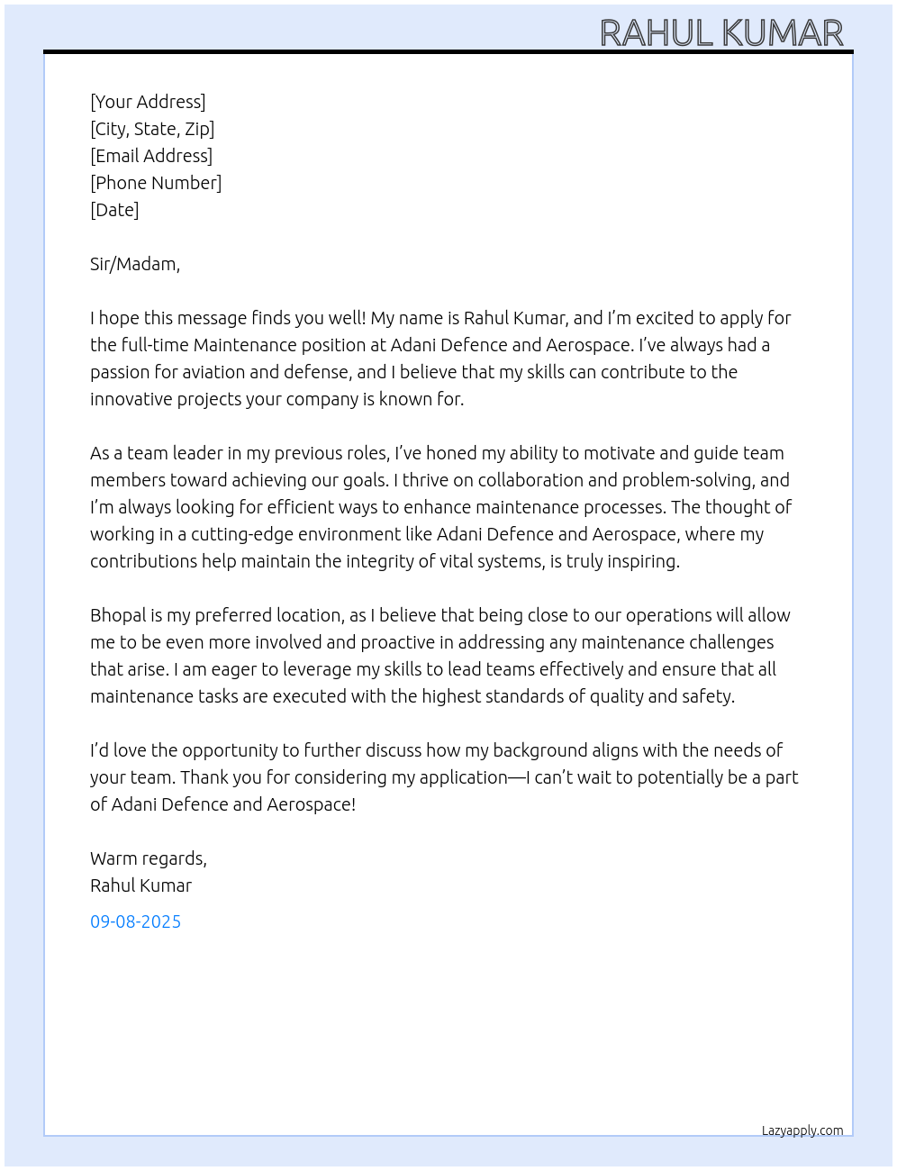 maintenance  At adani defence and Aerospace Cover Letter